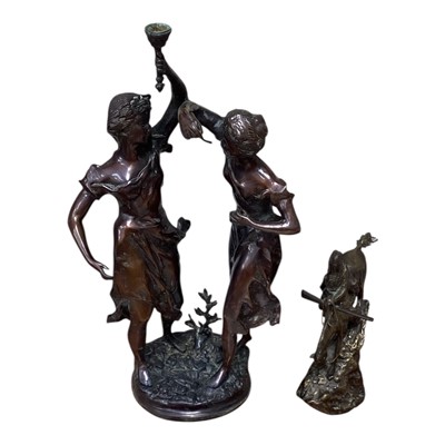 Lot 5041 - Bronze sculpture of The Mountain Man after Frederic Remington with associated catalogue, together with a patinated figure group (3)