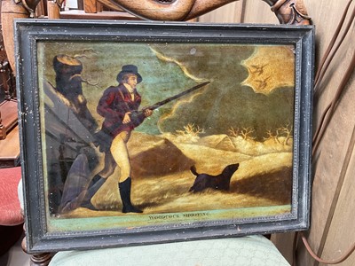 Lot 5215 - Antique reverse print on glass together with two a pair of 18th century French prints in early frames