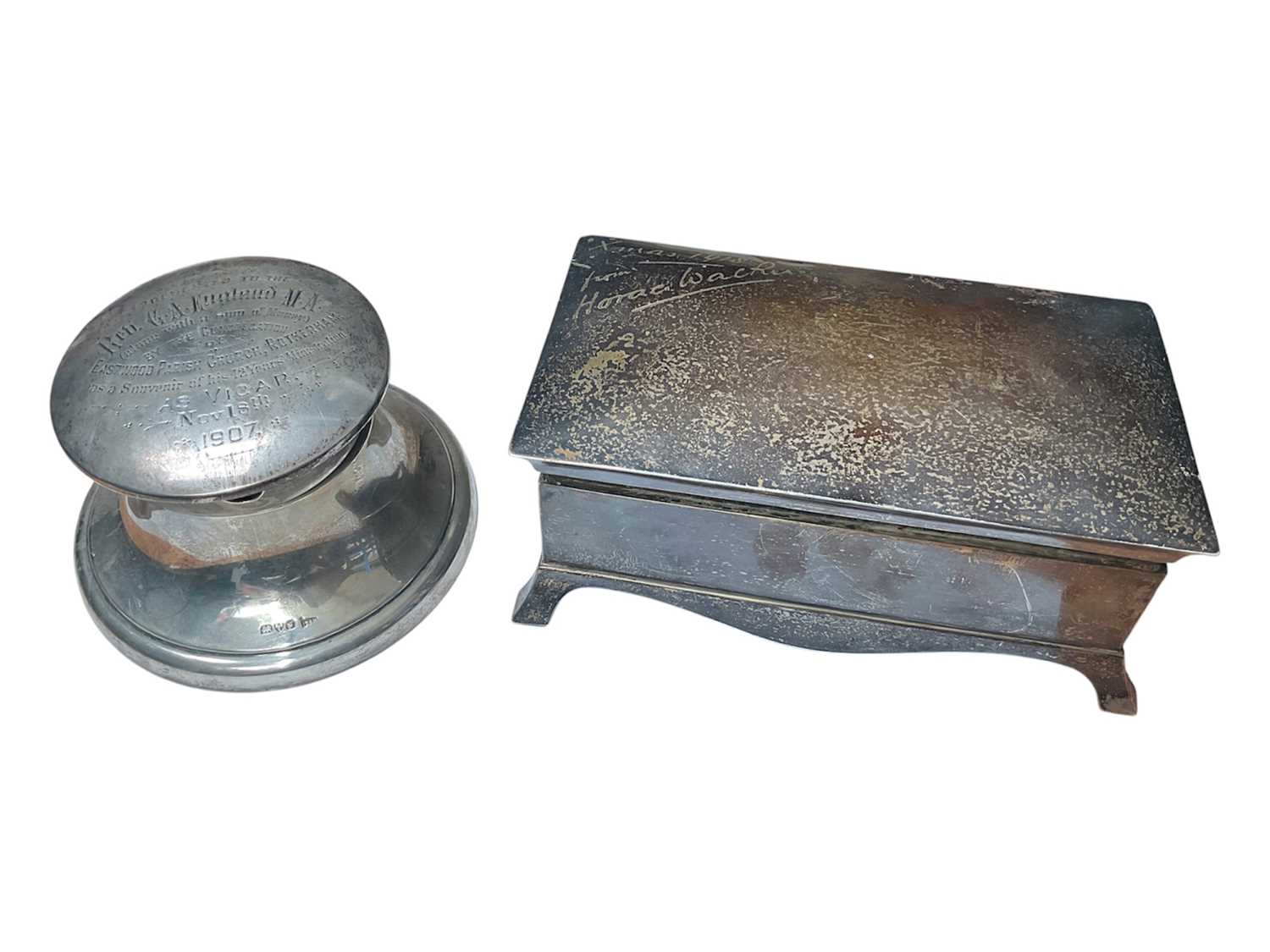 Lot 24 - Edwardian silver desk inwell (Chester 1907) and a silver cigarette box (Birmingham 1916)