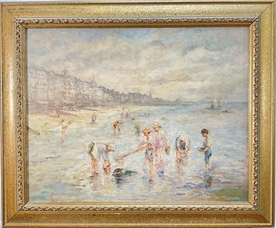 Lot 102 - Dorothy Mkechnie, 20th century, oil on board, Children fishing with net at the beach, signed, 40cm x 50cm, framed