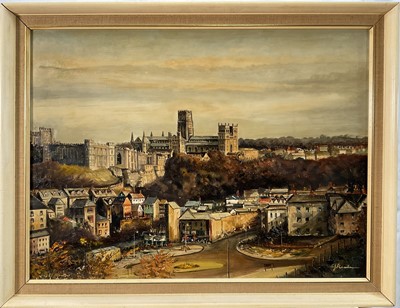 Lot 104 - English school, oil on board, The City of Durham, signed indistinctly, 44cm x 59cm, framed