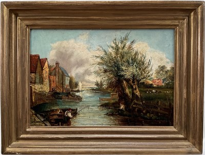 Lot 256 - Norwich School, 19th century oil on canvas, River landscape with anglers, 21cm x 32cm, framed