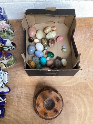 Lot 5052 - Antique treen cotton reel holder together with a group of mineral specimen eggs