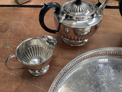 Lot 5083 - Silver plated four piece tea and coffee set, together with an Art Nouveau silver plated tea strainer and stand on a galleried silver plated tray