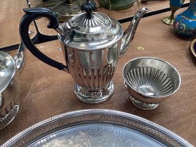 Lot 5083 - Silver plated four piece tea and coffee set, together with an Art Nouveau silver plated tea strainer and stand on a galleried silver plated tray