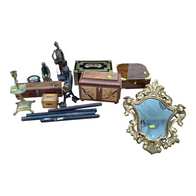Lot 5055 - Sundry items, including a yew wood marquetry tea caddy, jewellery box with contents, other boxes, brass candlestick, etc