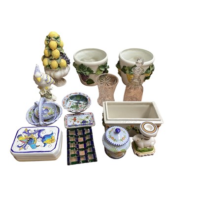 Lot 5057 - Group of faience and glassware, including a pair of jardinières, figure of a parrot, etc
