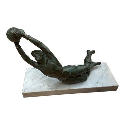 Lot 5063 - Patinated spelter sculpture of a goalkeeper on a white marble base