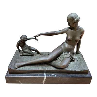 Lot 5066 - Talos Gallery Marcel Bouraine bronze figure group of a woman and a child on black marble base, 25cm long