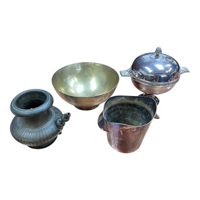 Lot 5139 - Christofle silver plated egg cruet, other silver plate, and a brass water jug