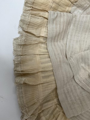 Lot 2500 - Exquisite 1882 wedding dress, cream satin silk with multi pleated trims, lace and tiny faux pearls to cuffs, hem and train. Front has boned bodice , ruched cream silk brocade panel with bow det...