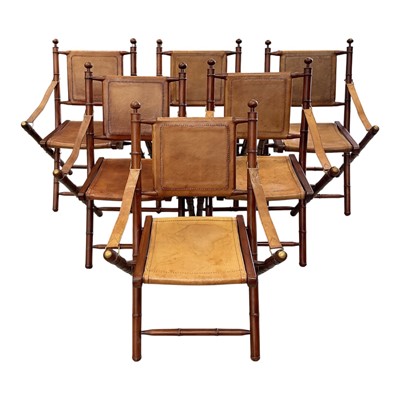 Lot 1377 - Set of six good quality military campaign style wooden and brown leather folding chairs