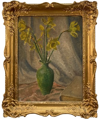 Lot 51 - W. Berry, mid 20th century, oil on canvas, Daffodils in a Green Vase, signed verso, 52cm 39cm, in a gilt frame.