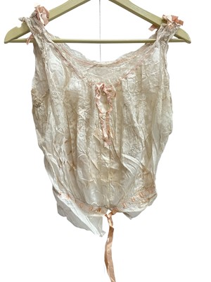 Lot 2505 - Edwardian 1911 underwear including two pairs of lace and ribbon trimmed drawers and bodice. Hand written note attached 'Set of Trousseau undies EG'.