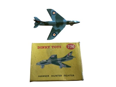 Lot 1810 - Dinky Toys Hawker Hunter Fighter ~ 736 & Supermarine Swift ~ 734, both boxed, plus Gloster Javelin ~ 735 and three Matchbox military vehicles, unboxed (6)