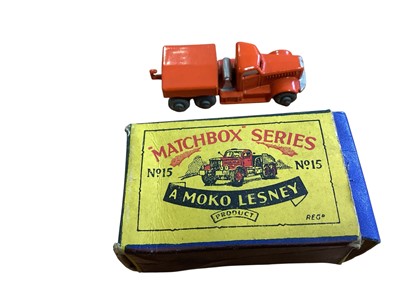 Lot 1813 - A Moko Lesney Matchbox Series Prime Mover (Orange with grey wheels) ~ No.15, Diennis Fire Truck (all red with grey wheels) ~ No.9, Euclid Quarry Truck (orange cab, grey tipper & wheels) ~ No...
