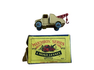 Lot 1811 - A Moko Lesney Matchbox Series Wreck Truck (brown with red crane & grey wheels) ~ No.13, Bulldozer Caterpillar (yellow & red - tracks missing) ~ No.18, Trailer (brown & grey wheels) ~...