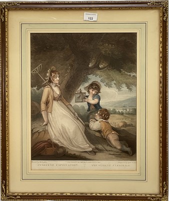 Lot 122 - Early 19th century coloured stipple engraving 'Innocent Captivation, Amusement Pastorale', Anthony Cardon after H. Singleton, pub.1801 by A. Cardon, Fitzroy Sq., 57cm x 49cm, glazed frame