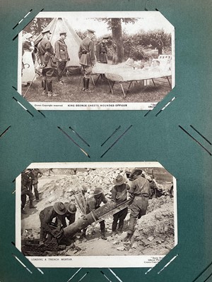 Lot 5086 - Album of military postcards, silks, army service corps, black watch, wounded Tommy etc, approximately 61