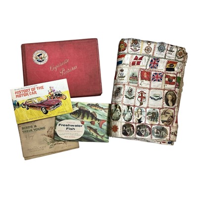 Lot 5091 - Box of cigarette cards in albums, RAF, motor cars, silk cigarette card patchwork panel etc
