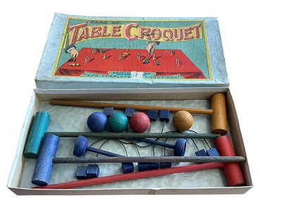Lot 1815 - Harold Flory (c1950s) The Swift tinplate battery operated boat, Table Croquet and Mettype Junior typewriter ~ No.4315, all in original boxes, plus artist pallet (4)