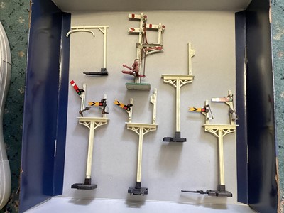 Lot 1765 - Hornby OO Gauge buildings, signals, track & accessories, Operating Ore Wagon Set and Waddington's PopAway card buildings (qty)