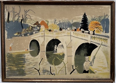 Lot 49 - Edwin La Dell (1914-1970) signed lithograph printed on board, Clare Bridge Cambridge, 32cm x 46cm, framed