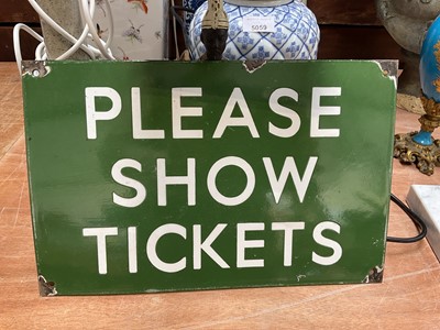 Lot 5097 - Green enamel railway sign - Please Show Tickets - 35.5cm x 23cm