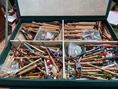 Lot 5192 - Large collection of craft items, including bobbins, beads, materials, pattern books, etc