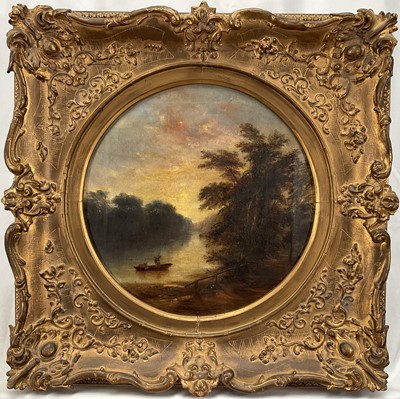 Lot 1004 - English School, 19th century, oil on canvas - Dusk on the River, 29cm tondo, in gilt frame