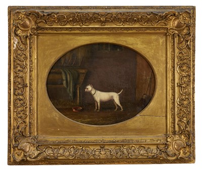 Lot 1002 - English School, 19th century, oil on canvas - Terrier awaiting Supper, 22cm x 29cm, oval, in gilt frame