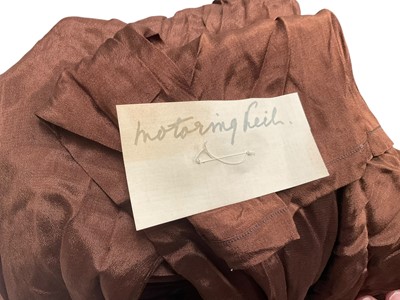 Lot 2507 - Dunhill Edwardian lady's motoring veil in brown silk with brown silk chiffon face covering also Edwardian lady's motoring petticoat with chamois leather and silk taffeta pin pleats, embroidered...