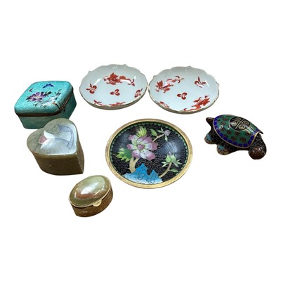 Lot 5249 - A pair of Meissen pin dishes together with enamel boxes etc