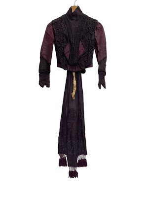 Lot 2508 - 1911 dress comprising of bodice and skirt by Kate Riley Dover Street London. Purple watered silk boned bodice with embroidered and beaded silk crepe overlay and similar back tasselled drape. Mat...