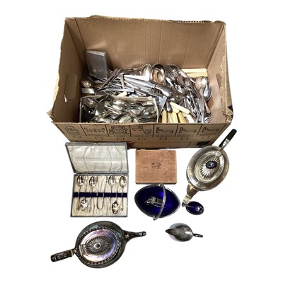 Lot 5116 - Group of silver and silver plate to include silver sugar tongs, silver salt dish and spoon, plated tea ware and cutlery
