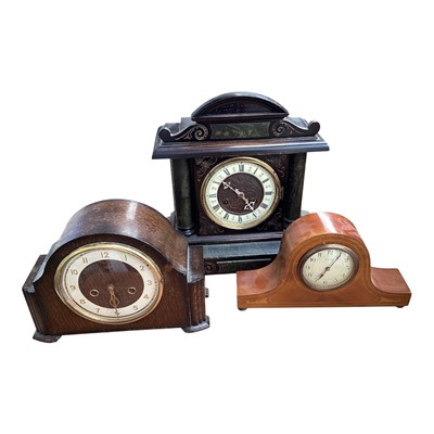 Lot 5117 - Edwardian French mantel clock, together with a Smiths oak cased mantel clock and one other