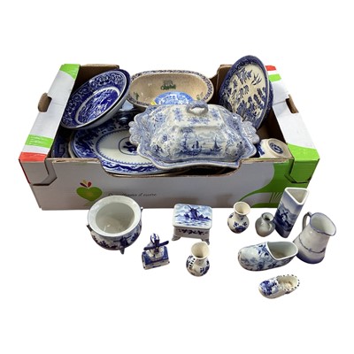 Lot 5202 - Collection of blue and white meat dishes, tureen, Brixton pottery dish and other blue and white