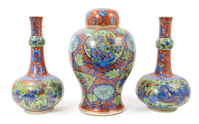Lot 18 - Garniture of 18th century Chinese clobbered porcelain vases