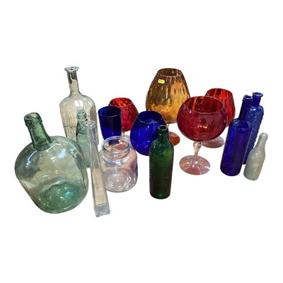 Lot 5226 - Collection of coloured glass, antique glass bottles etc