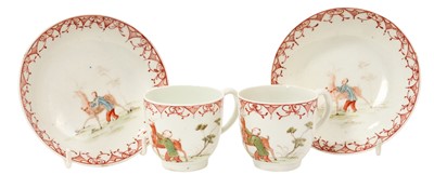 Lot 20 - Pair of 18th century English porcelain coffee cups and saucers, painted with a boy and a stag