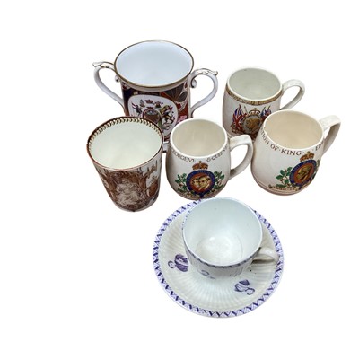 Lot 5132 - Group of commemorative ceramics, including a fluted cup and saucer printed with portraits and the Prince of Wales's feathers, a Royal Worcester Nelson Bicentennial Loving Cup (90/200), Queen Vic...