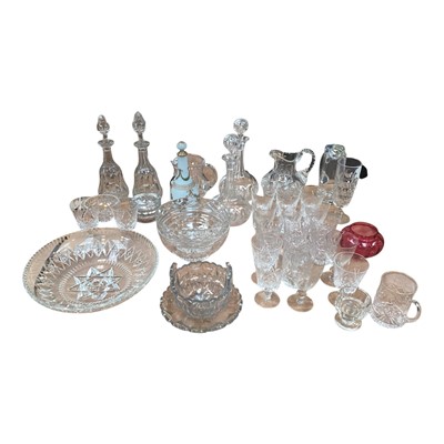 Lot 5134 - Group of antique and later glassware, including an enamelled opaque glass decanter, a pair of Victorian cut glass decanters, a Regency rinser and stand, another pair of decanters, etc