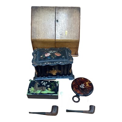 Lot 5136 - Sundry items, including an Edwardian oak stationery cabinet, a Victorian papier mâché tea caddy, tortoiseshell hand mirror with yellow metal monogram, etc