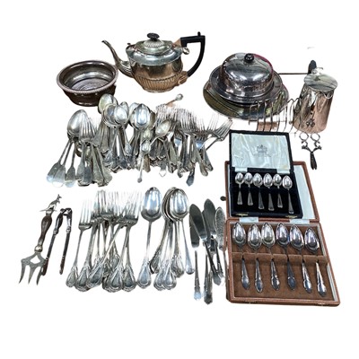 Lot 5210 - Group of silver plate, including flatware, wine bottle coaster, teapot, etc