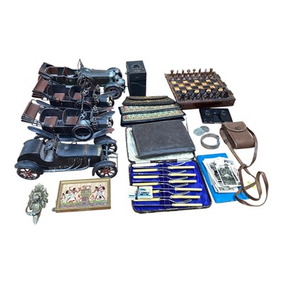 Lot 5209 - Sundry items, including a travelling chess set, model cars, brass door knocker, etc