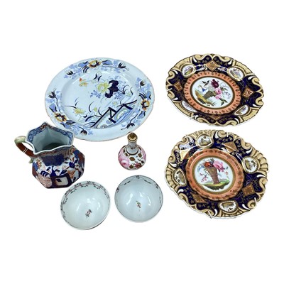 Lot 5138 - Group of 18th/19th century English ceramics, including two Regency dishes painted with baskets of flowers and landscape reserves, a bottle vase and stopper, two New Hall tea bowls, etc