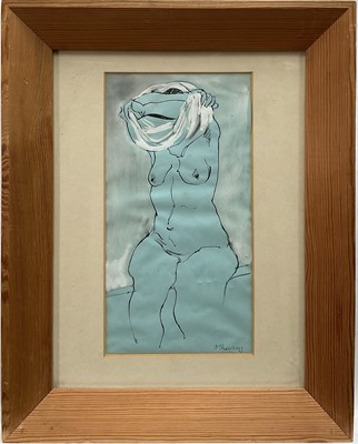 Lot 132 - Joan Thewsey (contemporary) mixed media on paper, Nude Woman undressing, signed, 29cm x 15cm, framed and glazed