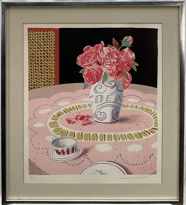 Lot 133 - Lawrence Mynott (b. 1954) signed artists proof lithograph, still life of pink roses, blind stamped, 45cm x 39cm, glazed frame