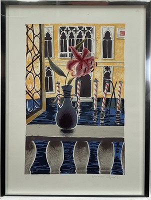 Lot 134 - Lawrence Mynott (b. 1965) signed artists proof lithograph, Venetian scene with still life, 50cm x 33cm, glazed frame