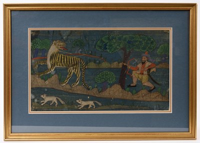 Lot 852 - Indian school, 19th century, gouache on paper, tiger hunt, 20 x 32cm, glazed frame